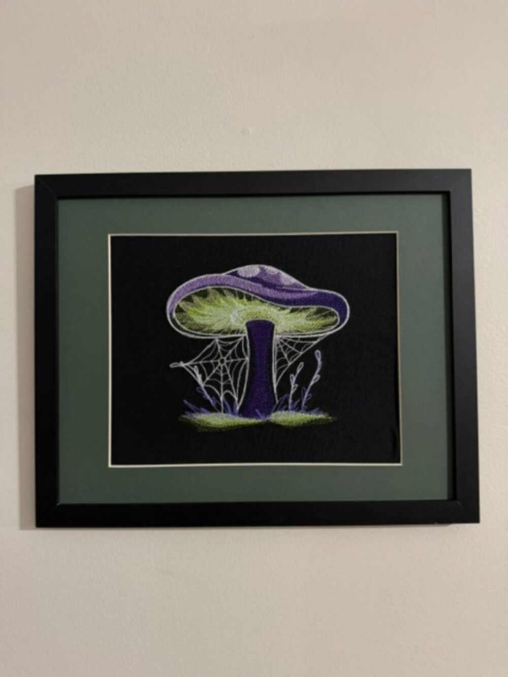 Homemade Purple & Green Mushroom Embroidery Art